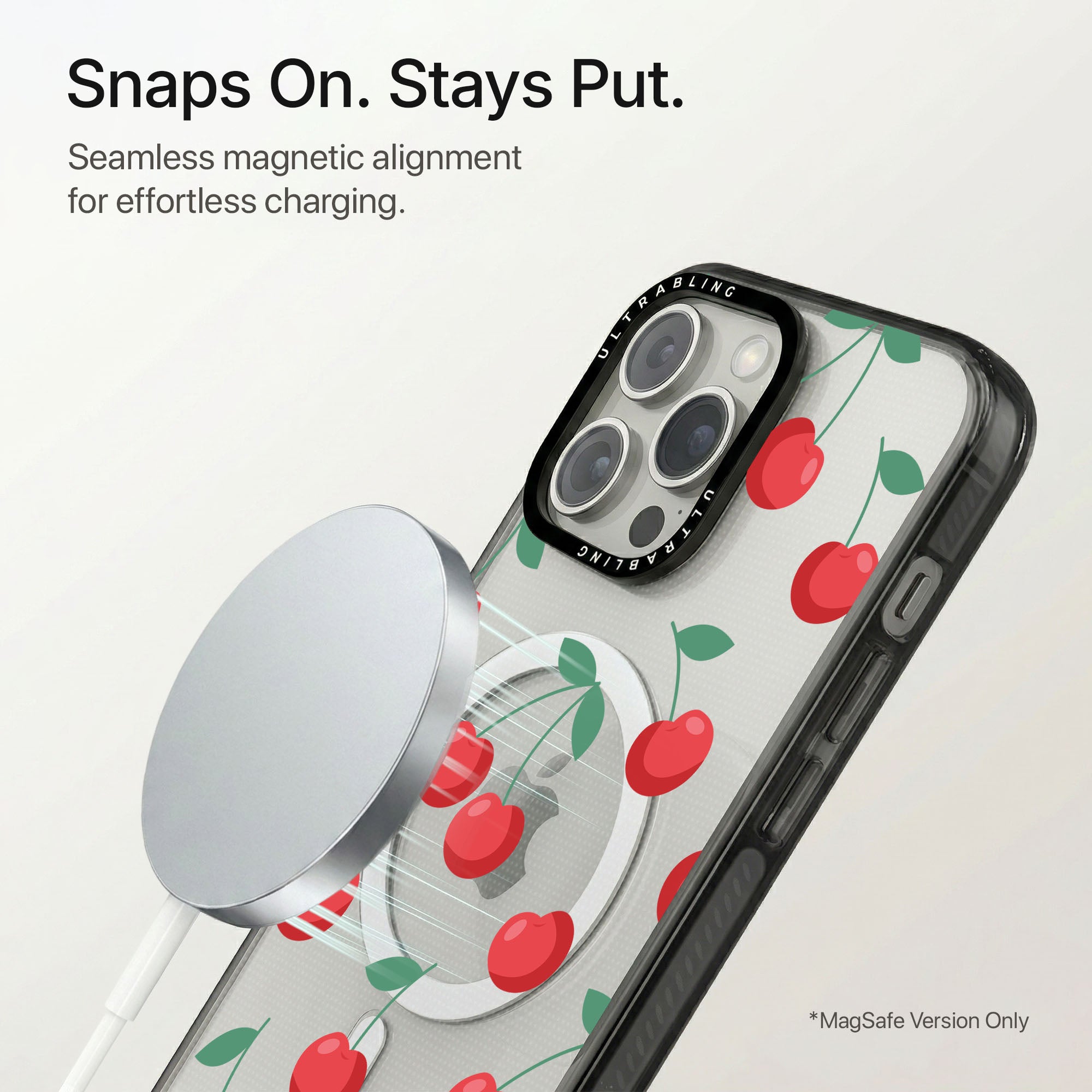 Cherry Kiss Ultrabling Aura iPhone case flat lay angle view
