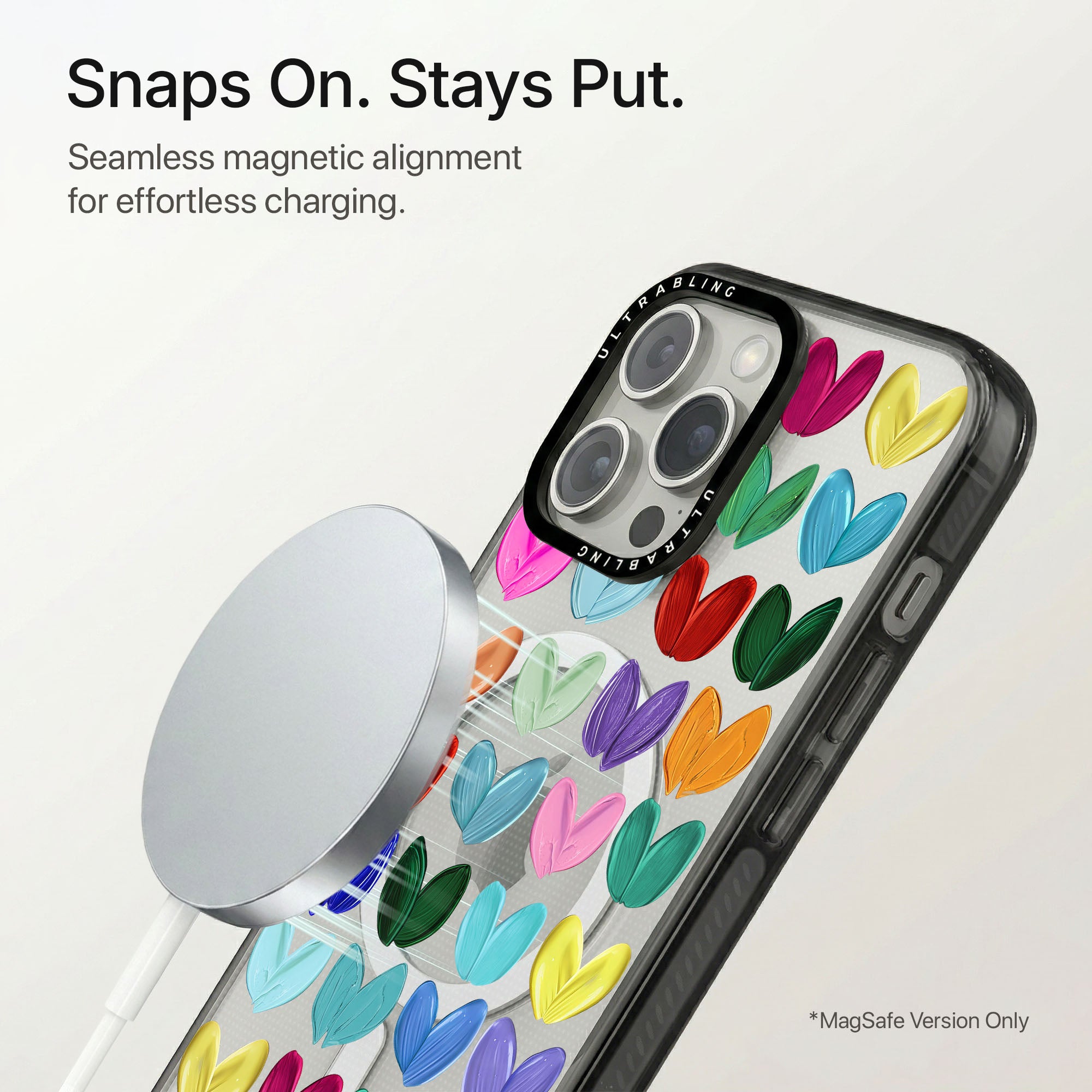 Candy Hearts Ultrabling Aura iPhone case flat lay angle view