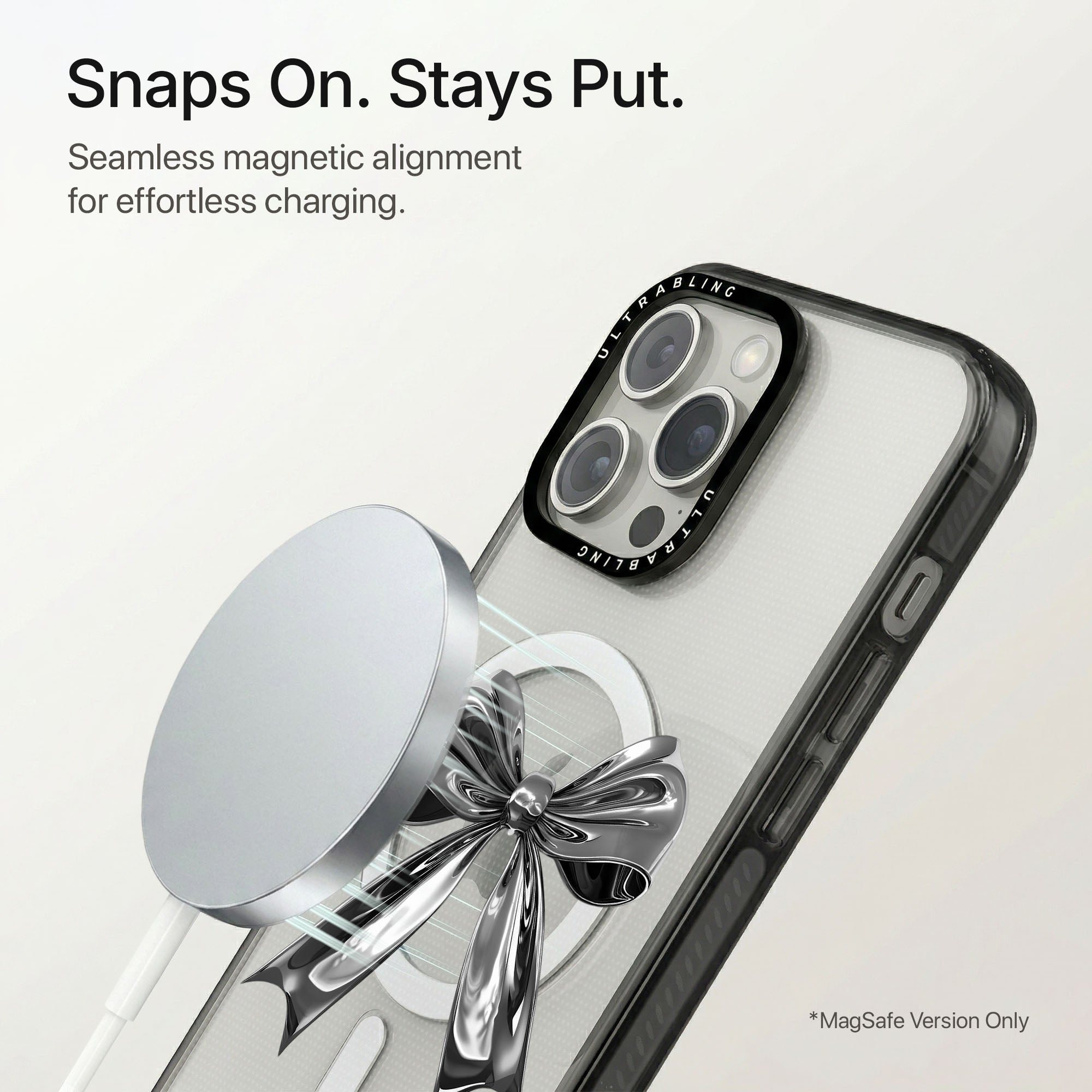 Silver Bow Ultrabling Aura iPhone case flat lay angle view