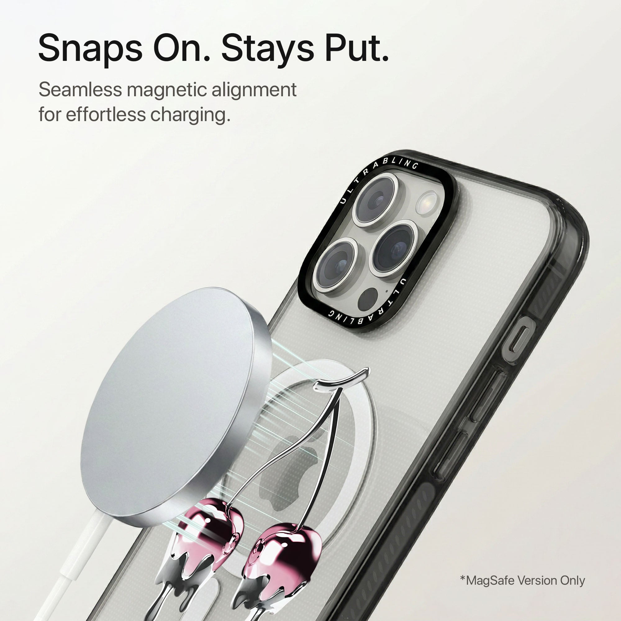 Cherry Charm Ultrabling Aura iPhone case flat lay angle view