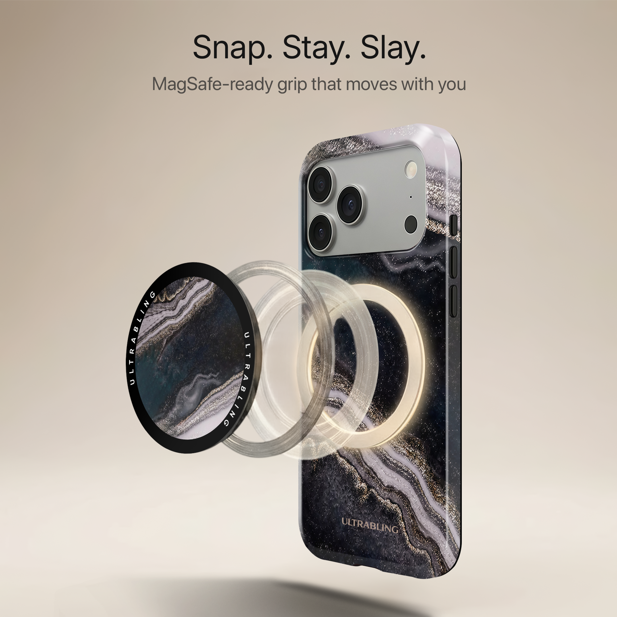 Obsidian Marble Ultrabling MagSafe Phone Grip - Angled View