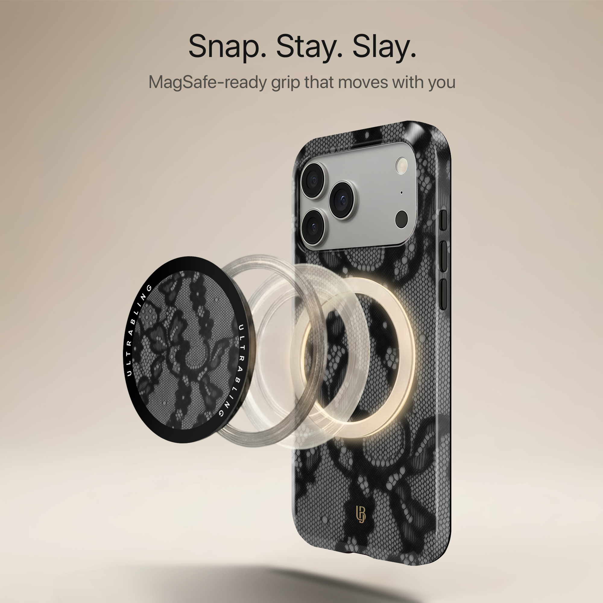 Noir Lace Ultrabling MagSafe Phone Grip - Angled View