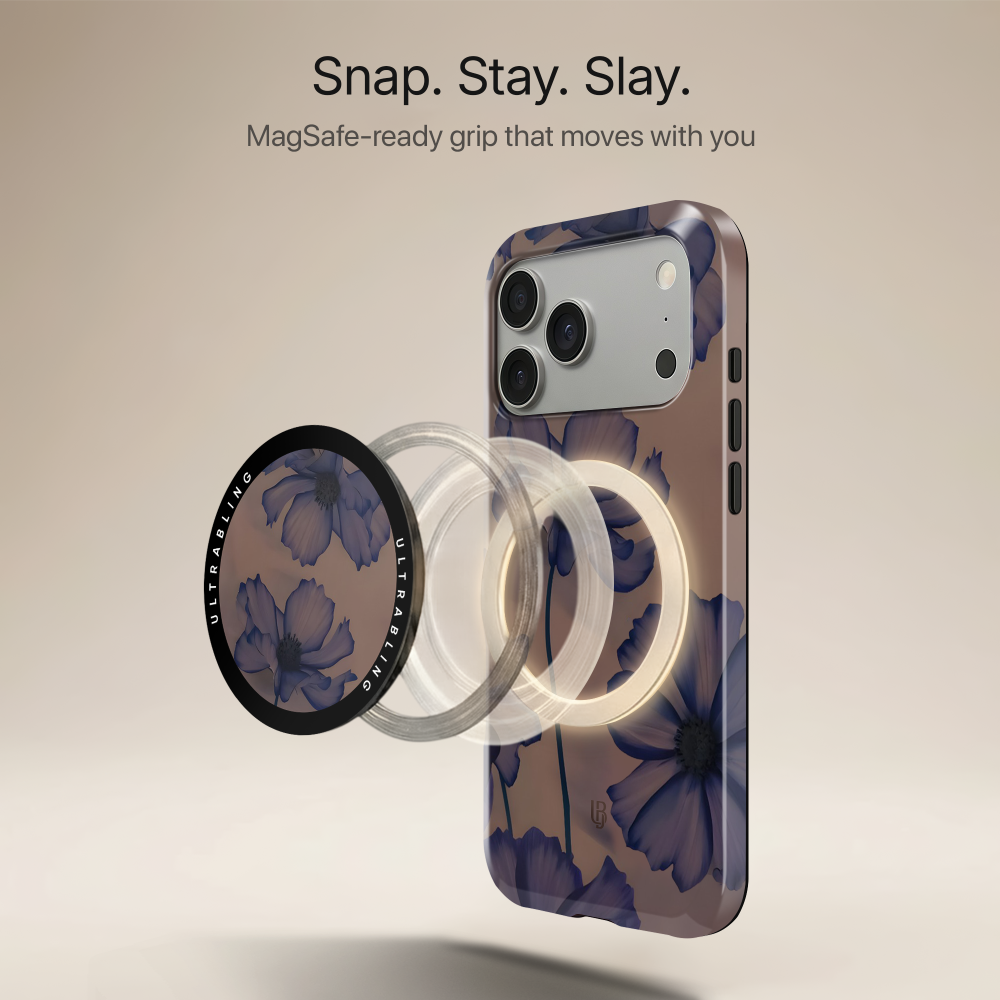 Indigo Blossom Ultrabling MagSafe Phone Grip - Angled View