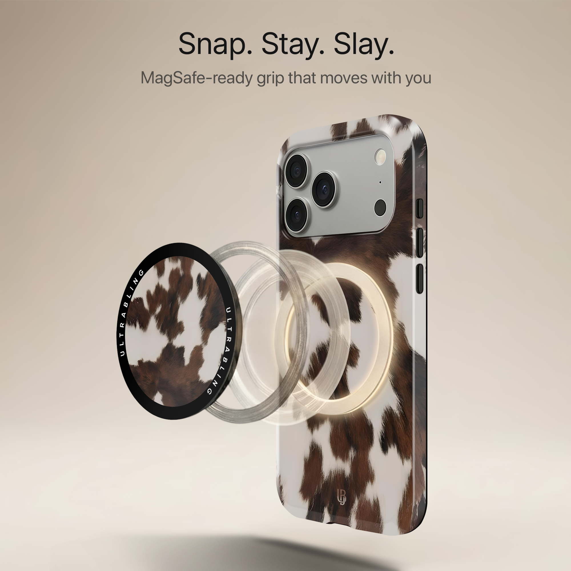 Mocha Cow Ultrabling MagSafe Phone Grip - Angled View