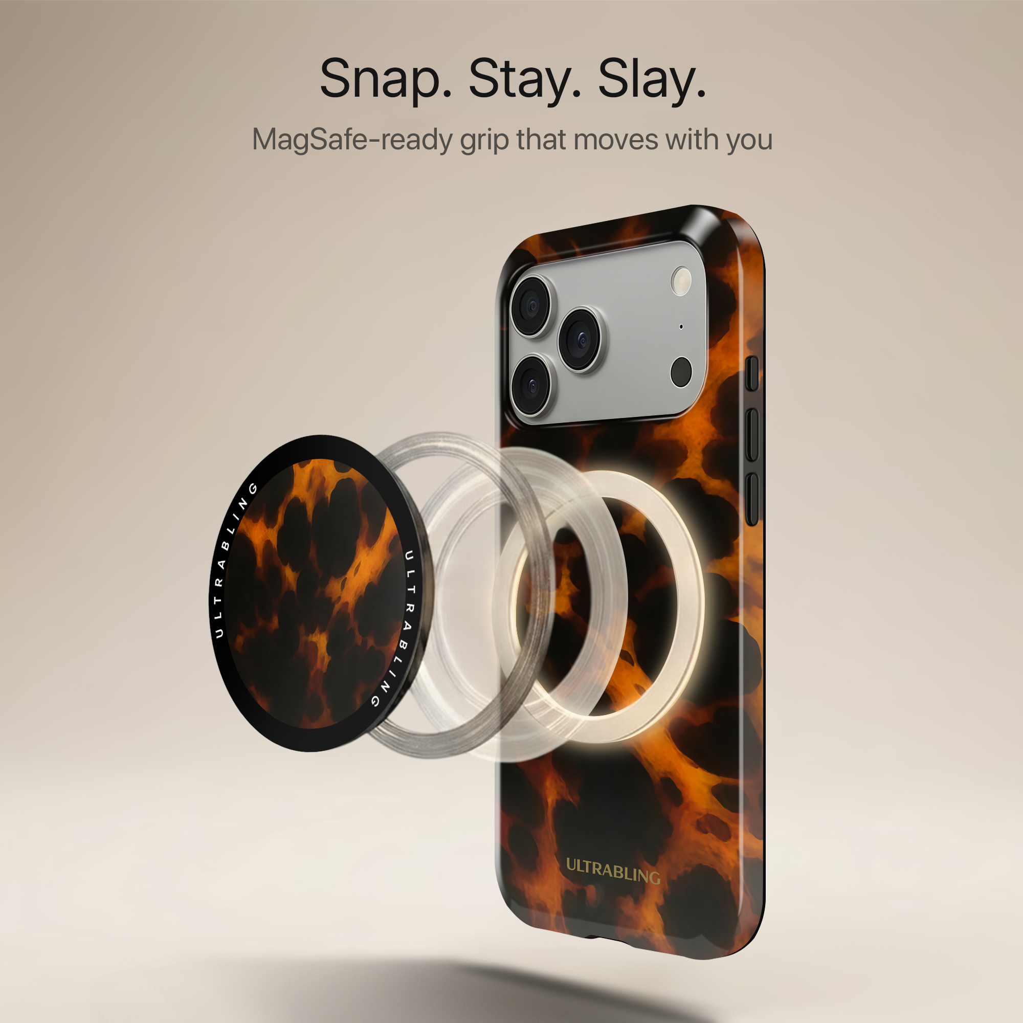 Amber Tortoise Ultrabling MagSafe Phone Grip - Angled View