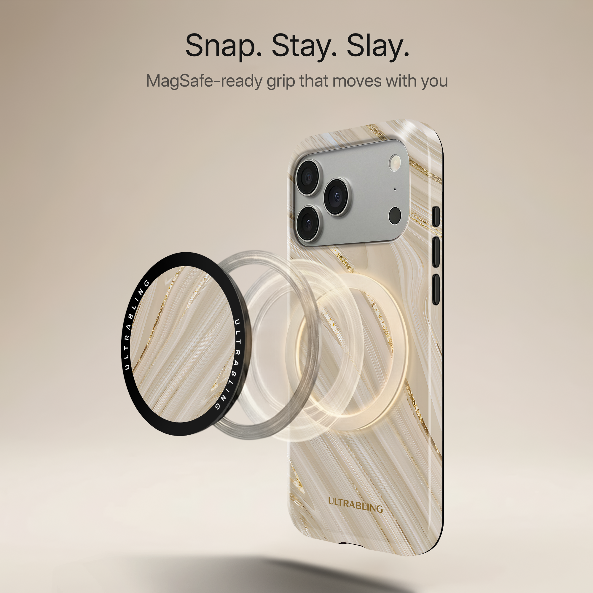 Champagne Marble Ultrabling MagSafe Phone Grip - Angled View