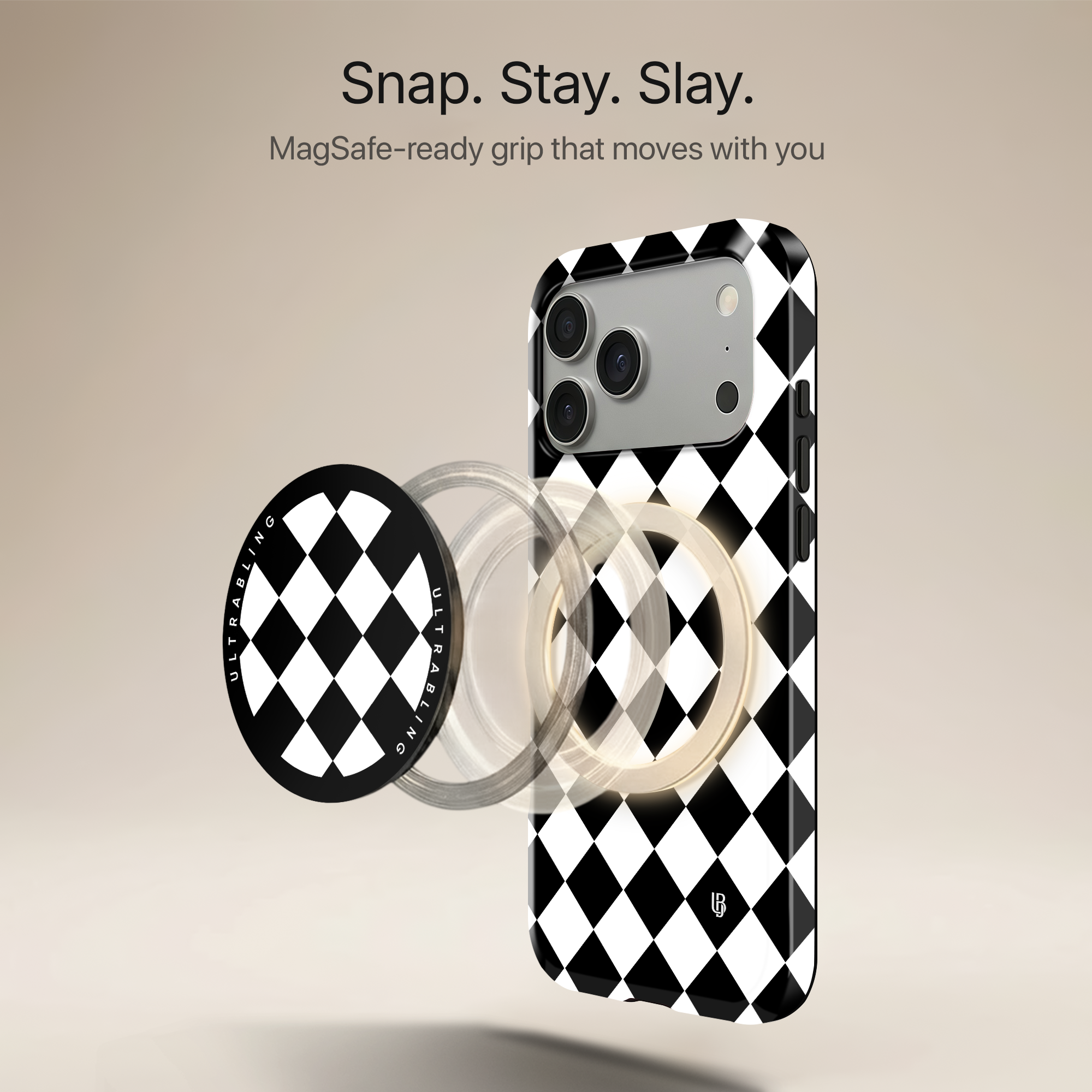 Harlequin Noir Ultrabling MagSafe Phone Grip - Angled View
