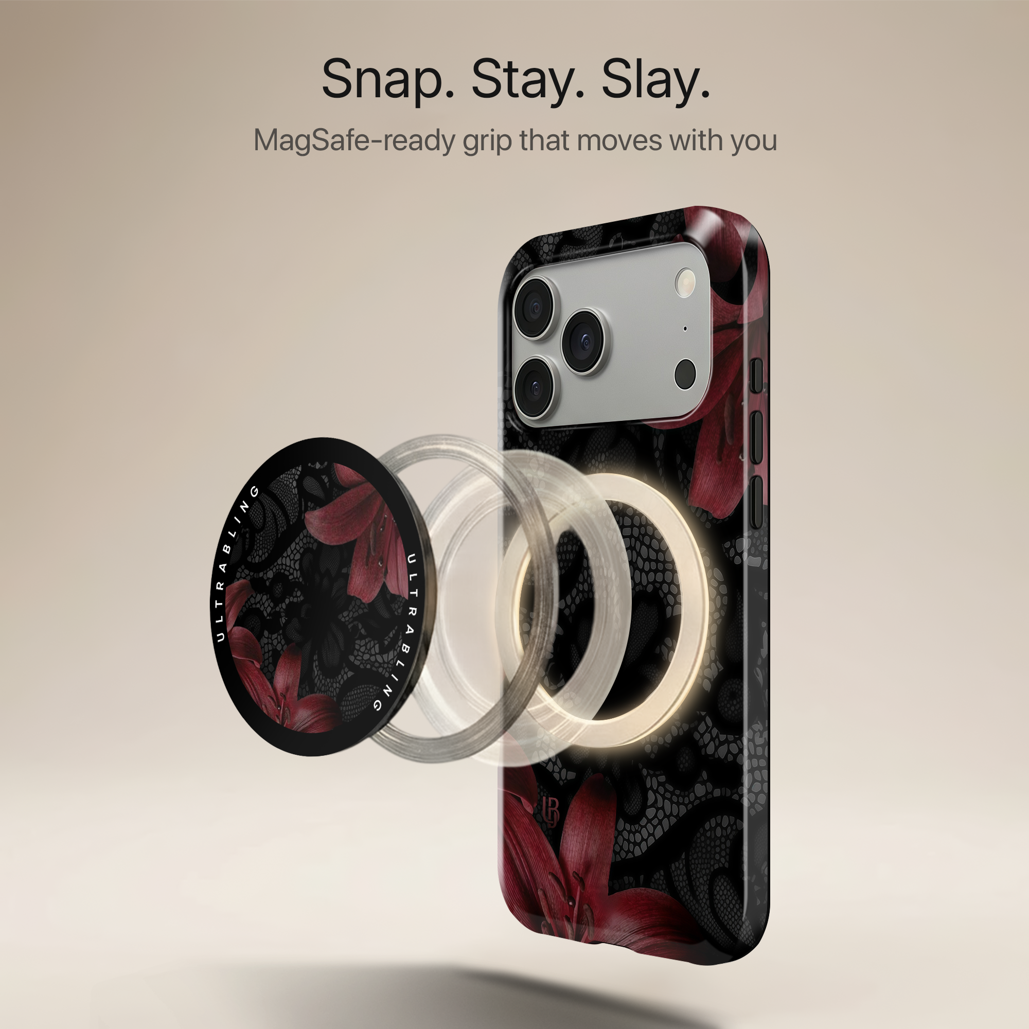 Midnight Scarlet Ultrabling MagSafe Phone Grip - Angled View