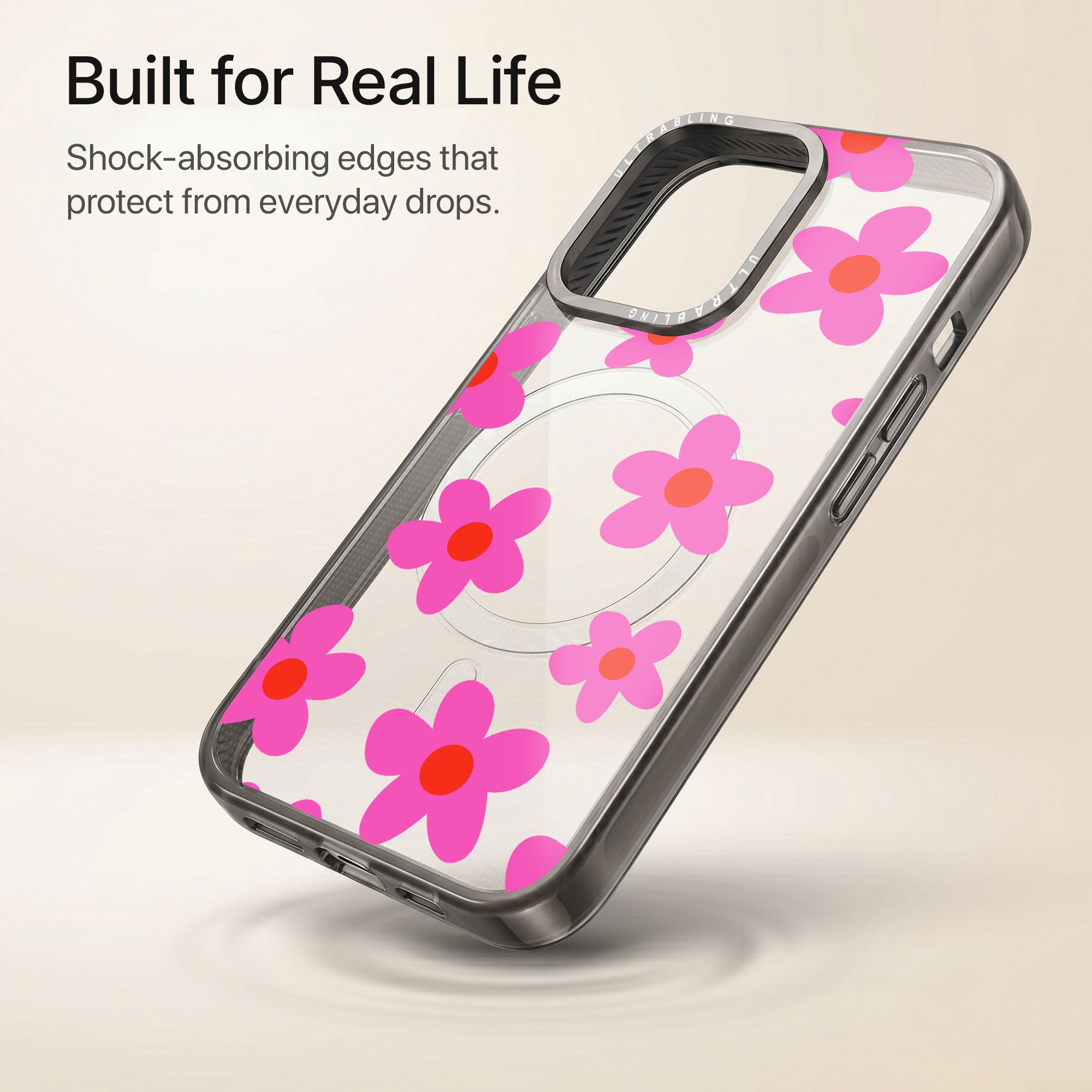 Pink Petal Ultrabling Aura iPhone case lifestyle in-hand shot