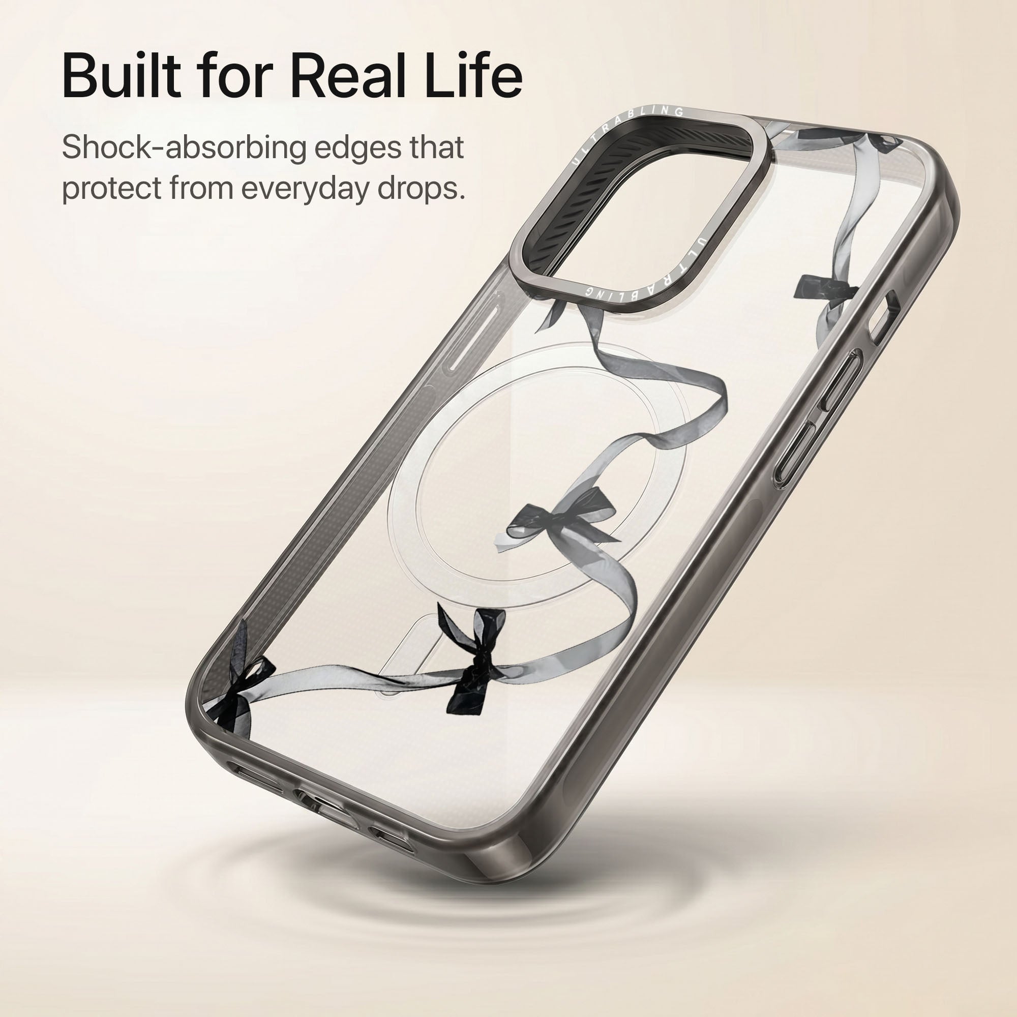 Noir Bow Ultrabling Aura iPhone case lifestyle in-hand shot