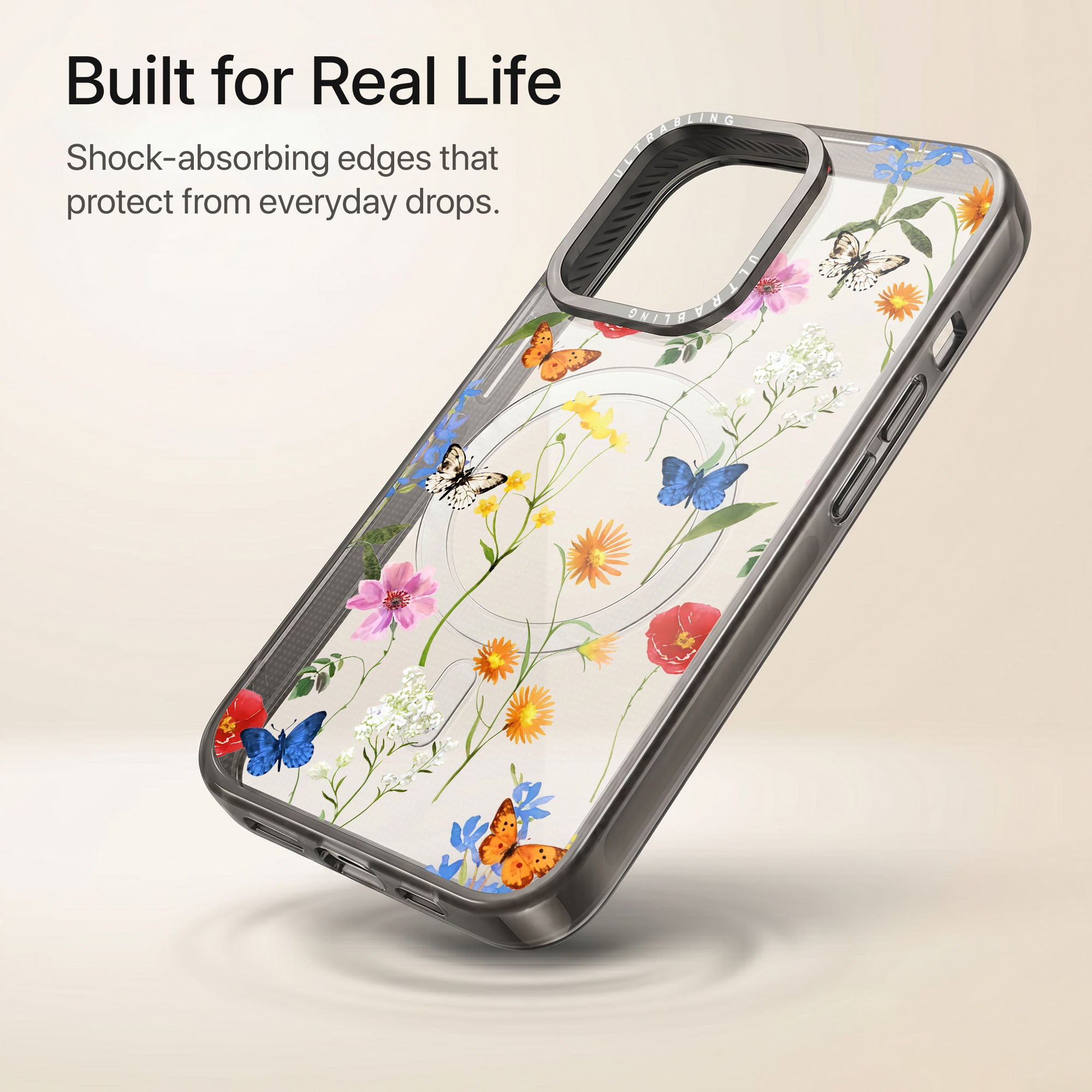 Butterfly Meadow Ultrabling Aura iPhone case lifestyle in-hand shot