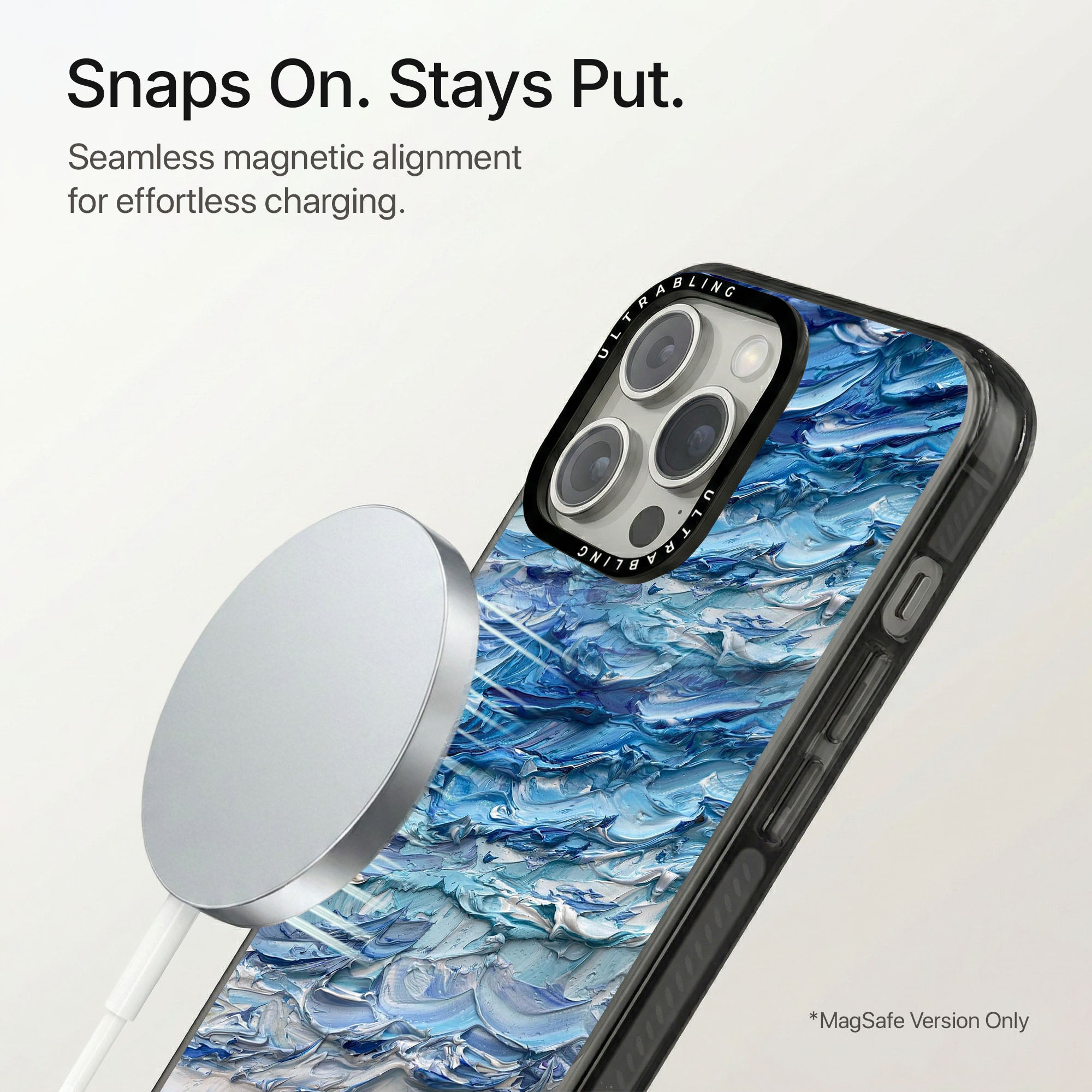 Blue Tide Ultrabling Aura iPhone case flat lay angle view