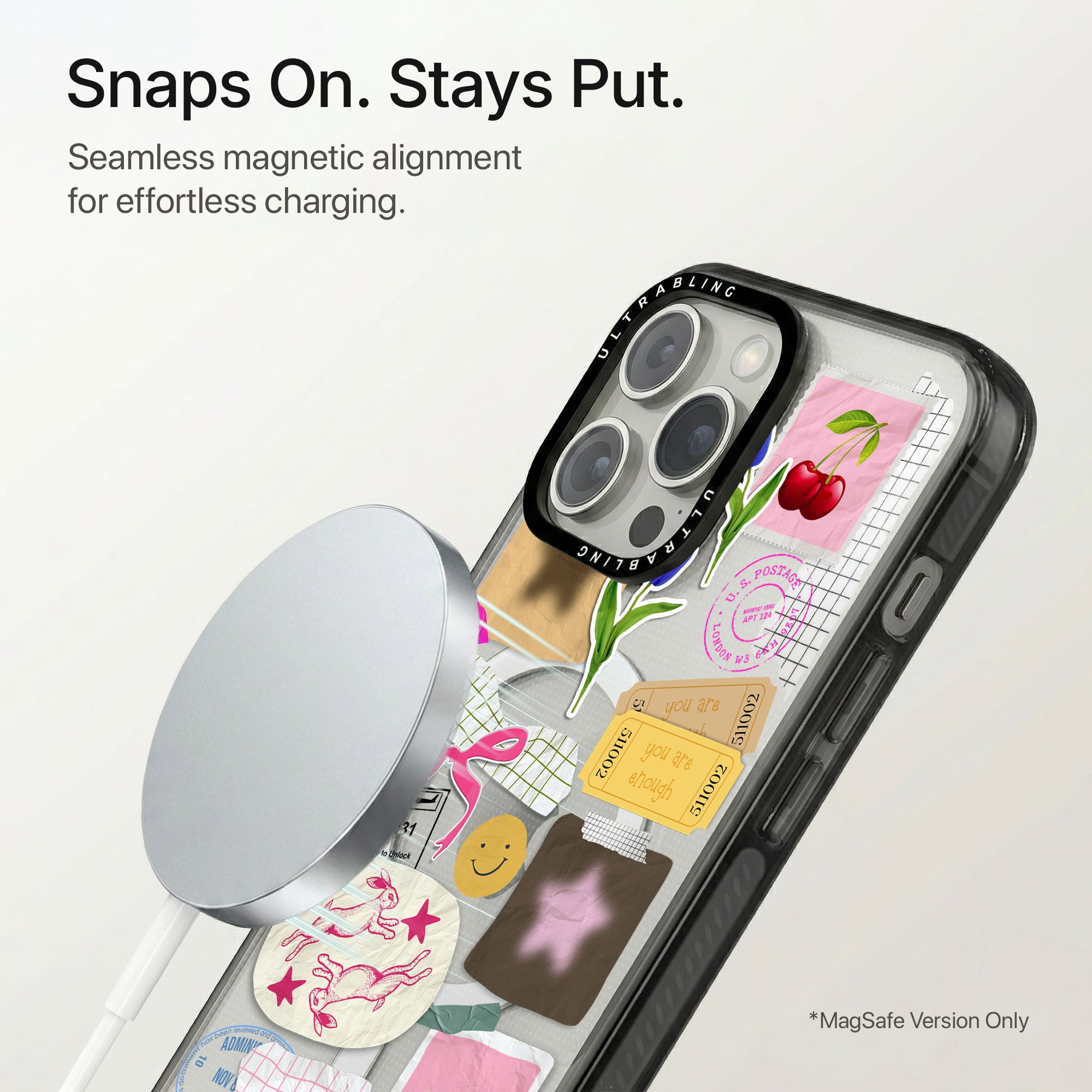 Charm Notes Ultrabling Aura iPhone case flat lay angle view