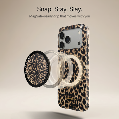 Golden Leopard Ultrabling MagSafe Phone Grip - Angled View