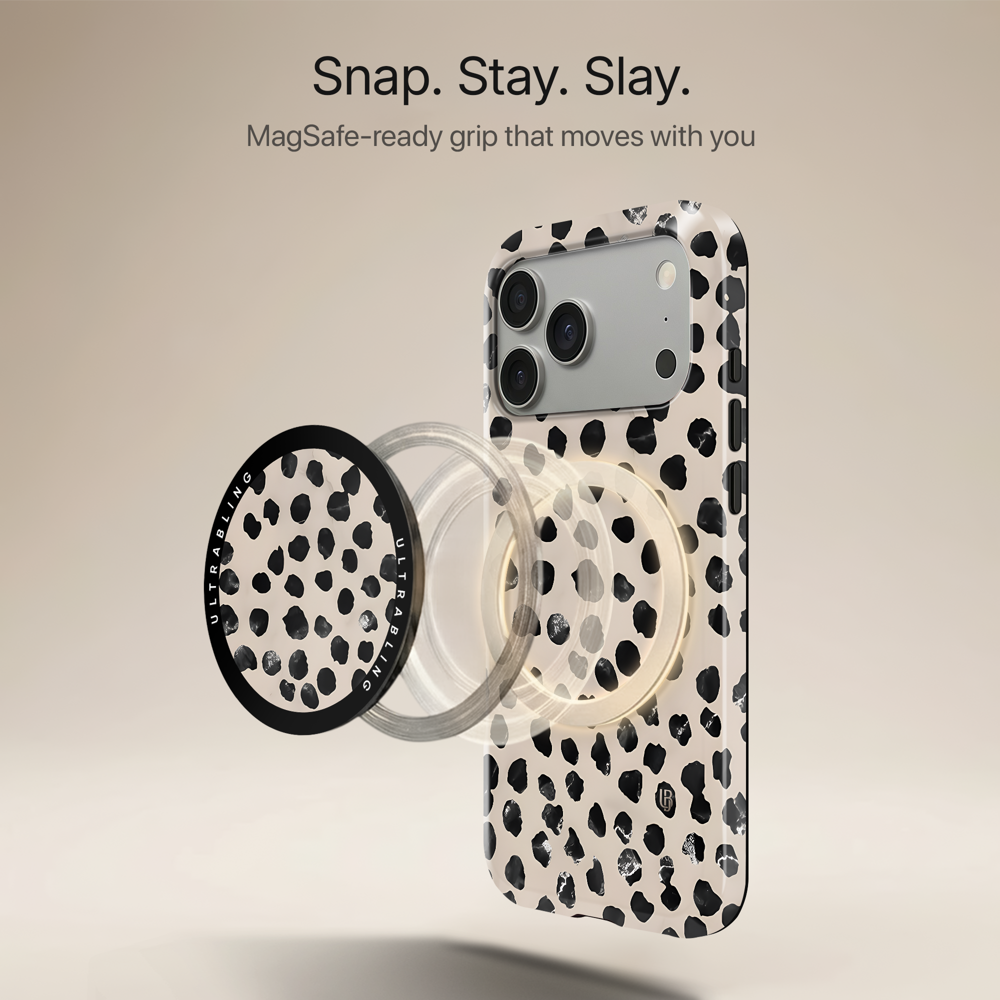 Dalmatian Chic Ultrabling MagSafe Phone Grip - Angled View