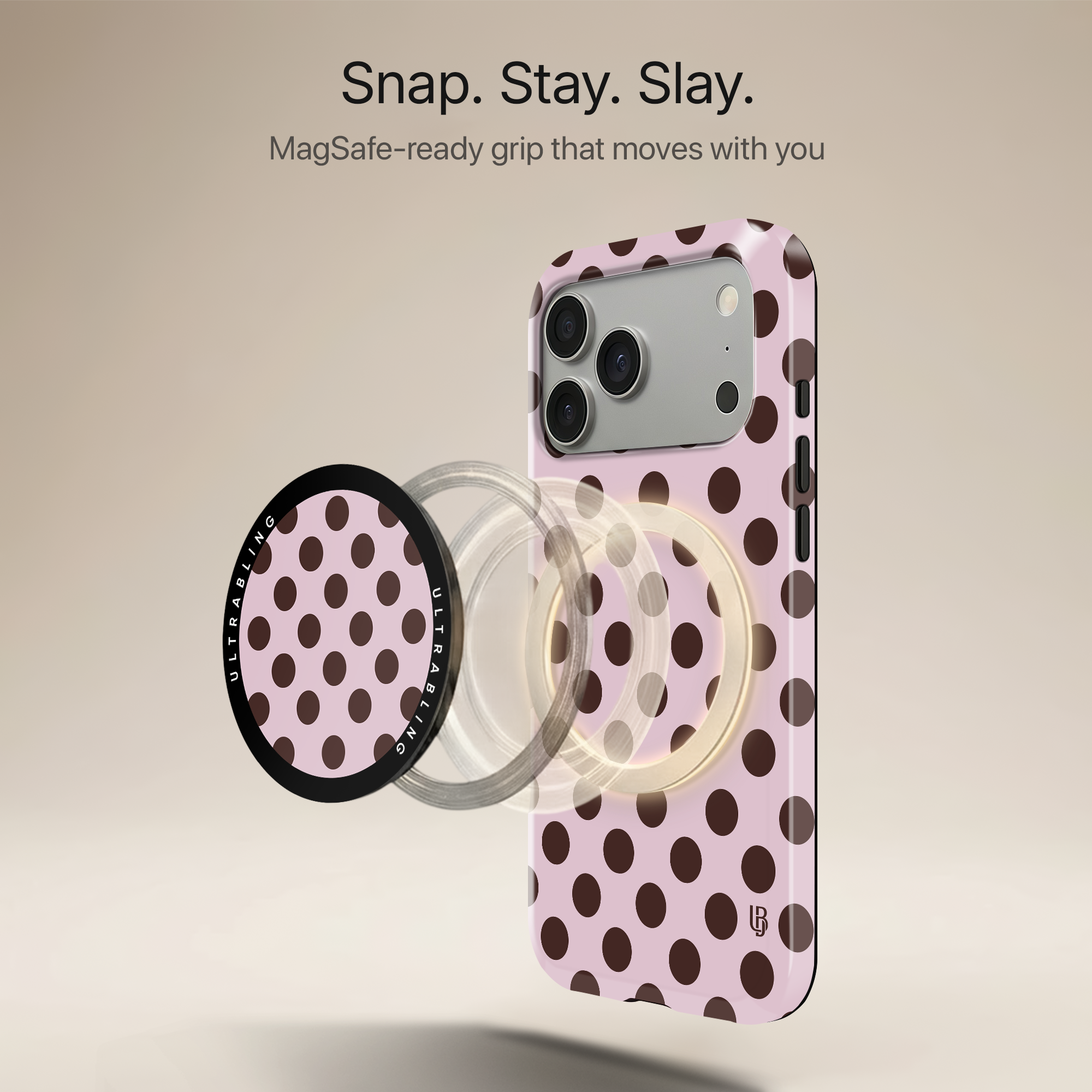 Mocha Polka Ultrabling MagSafe Phone Grip - Angled View