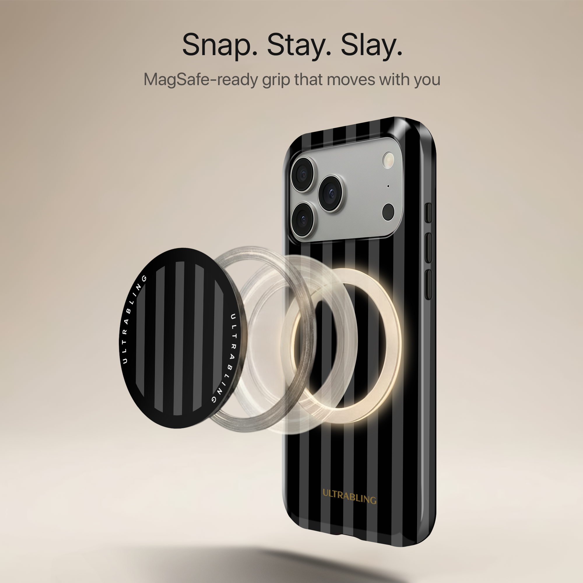 Noir Stripes Ultrabling MagSafe Phone Grip - Angled View