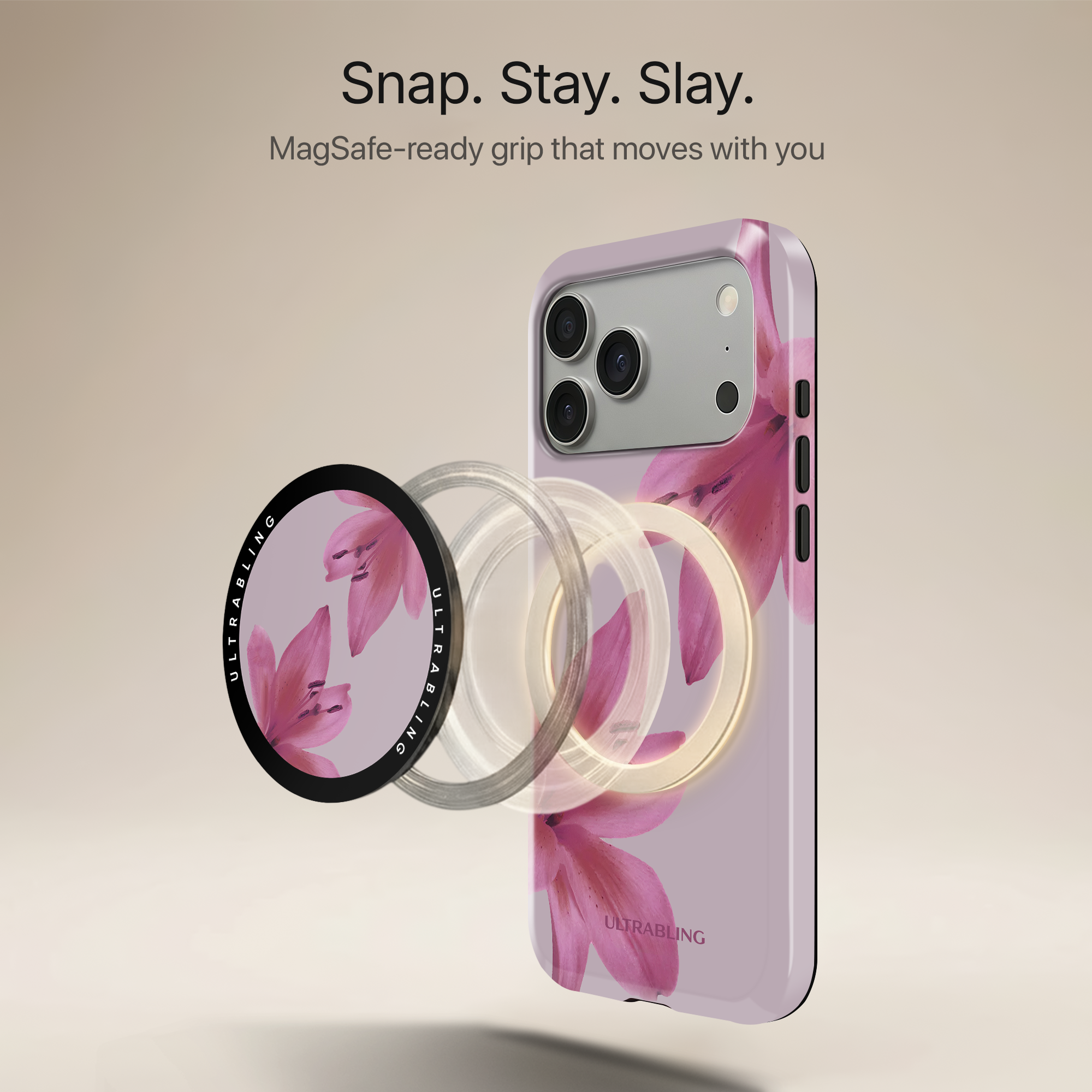 Blush Lily Ultrabling MagSafe Phone Grip - Angled View