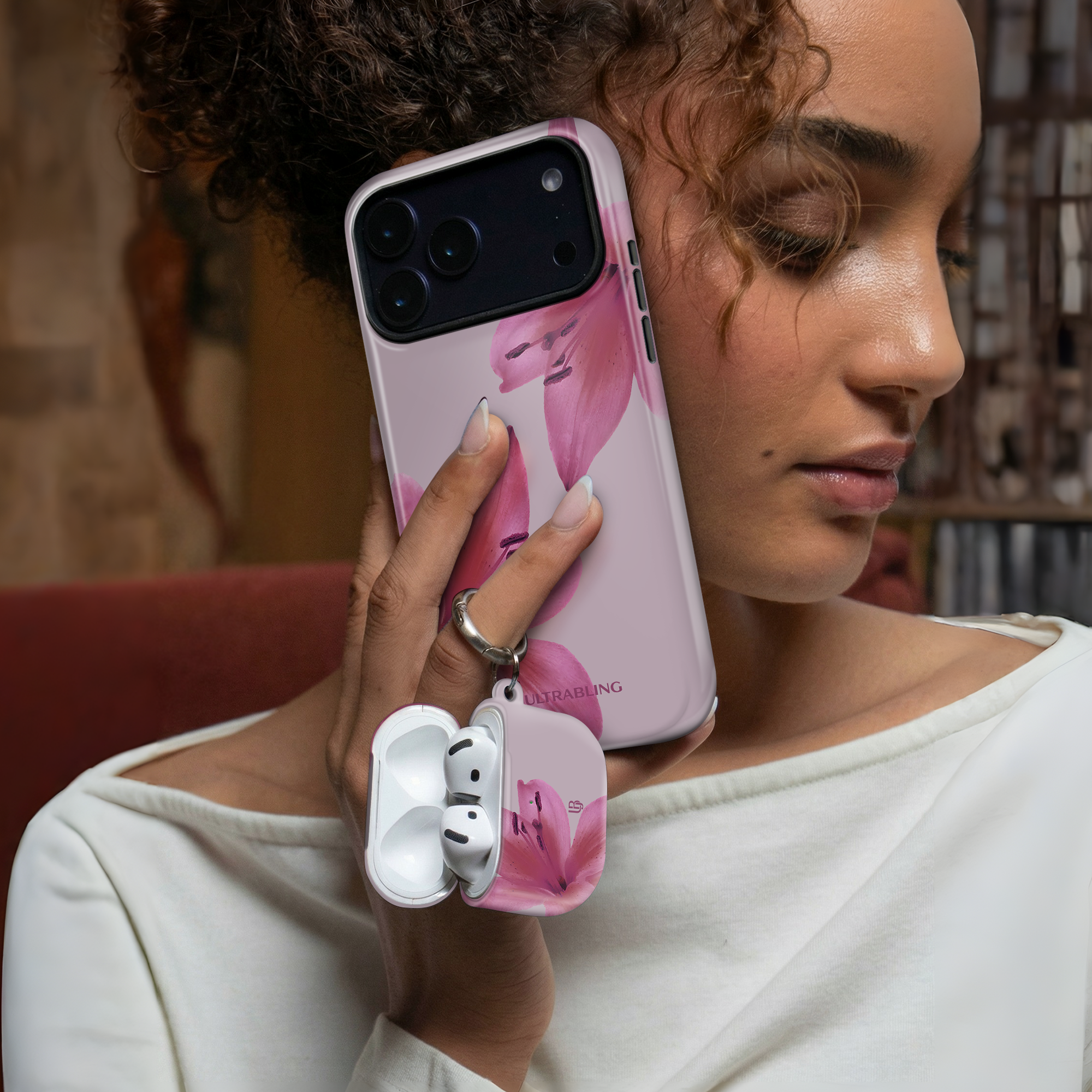 Blush Lily Ultrabling AirPods case detail view