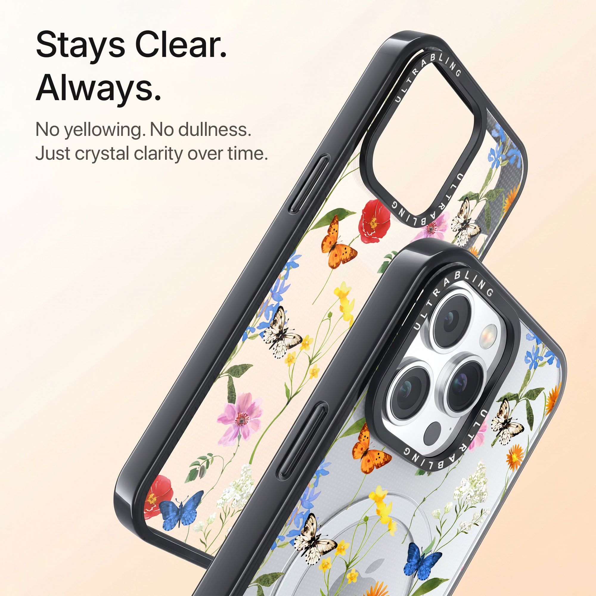 Butterfly Meadow Ultrabling Aura iPhone case back view with camera cutout